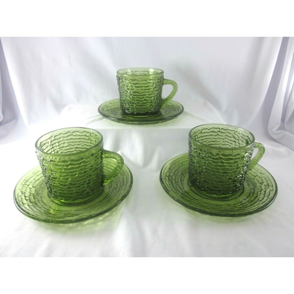 Vintage Anchor Hocking Soreno 3 Cups & 3 Saucers  Avocado Green